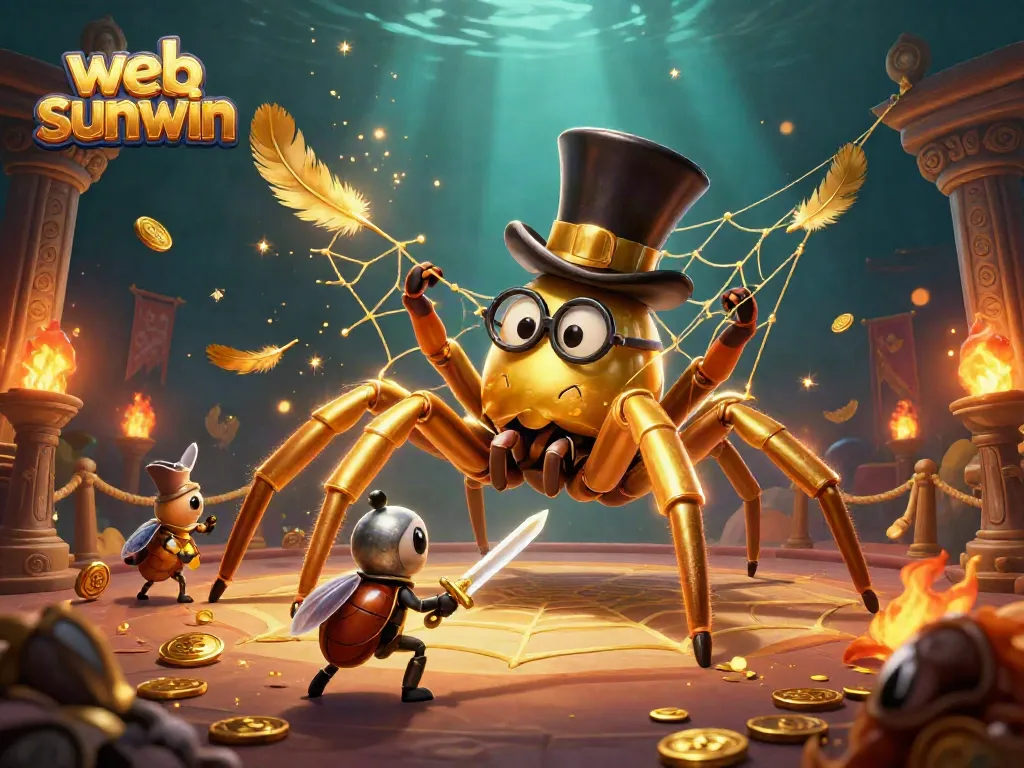 Experience the thrill of web sunwin with a giant golden tarantula weaving a golden thread amidst dynamic casino elements.