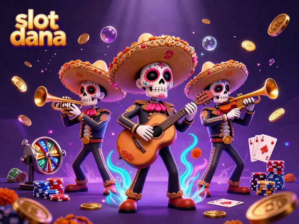 Gambar menampilkan slot dana dengan skeleton mariachi, antusiasme perjudian yang penuh warna.