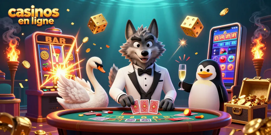 Explore les casinos en ligne avec cette illustration d'une scène de casino animée et dynamique.