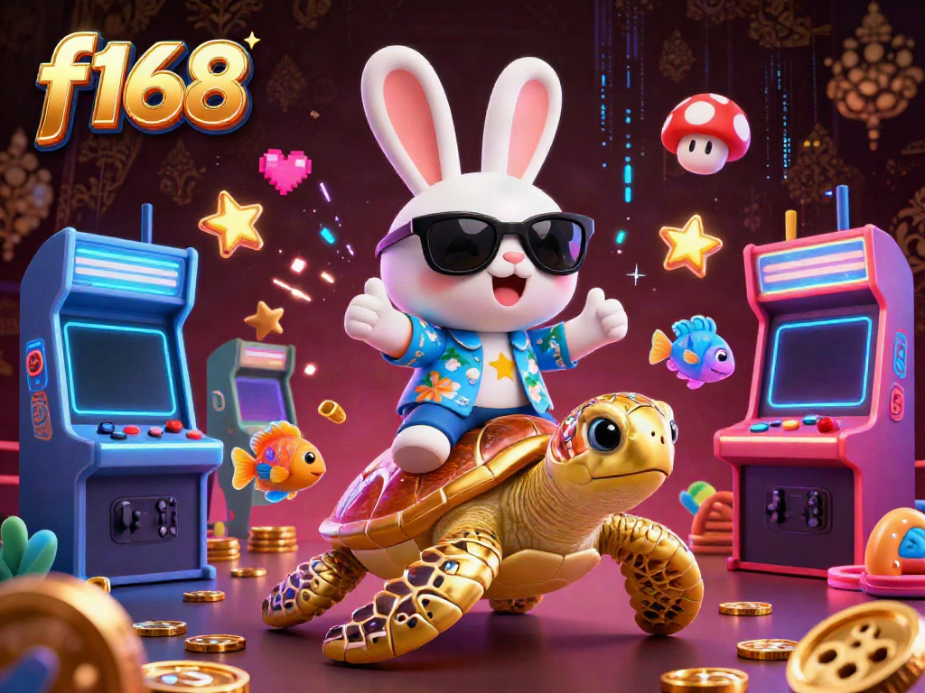 Experience the thrill of f168 casino with a lucky rabbit and golden turtle in vibrant 3D illustration.