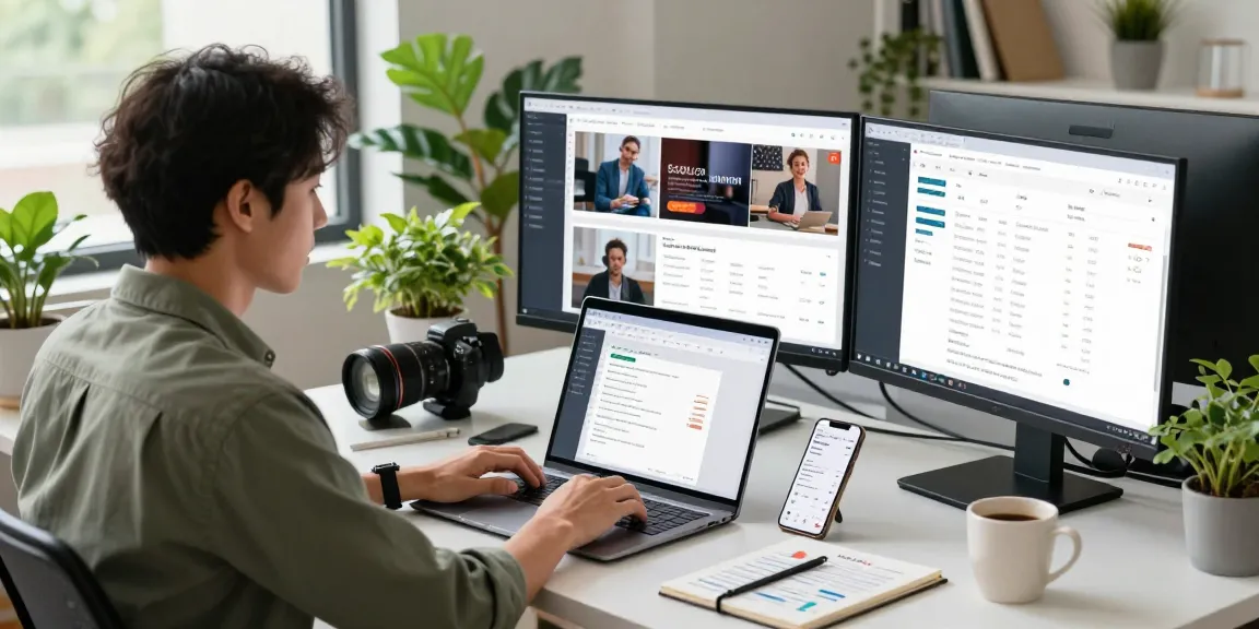 Dynamic digital marketing workspace featuring seanbowieforaz analytics on multiple screens, modern office environment