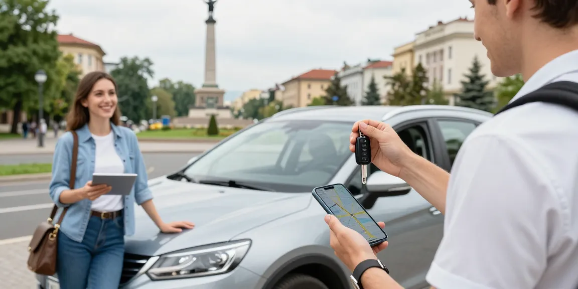 A traveler enjoying Chirie auto Chișinău, happily holding car keys with city landmarks visible in the background and a modern rental car nearby.