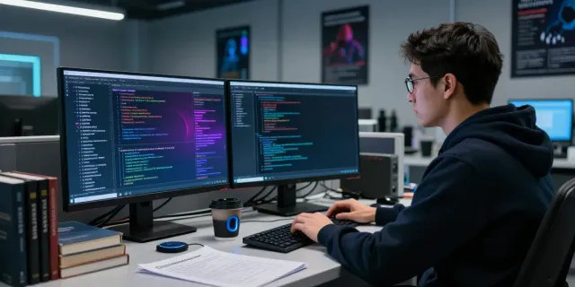 Latest cybersecurity news displayed on dual monitors in a professional lab where an analyst is working diligently to prevent cyber threats.