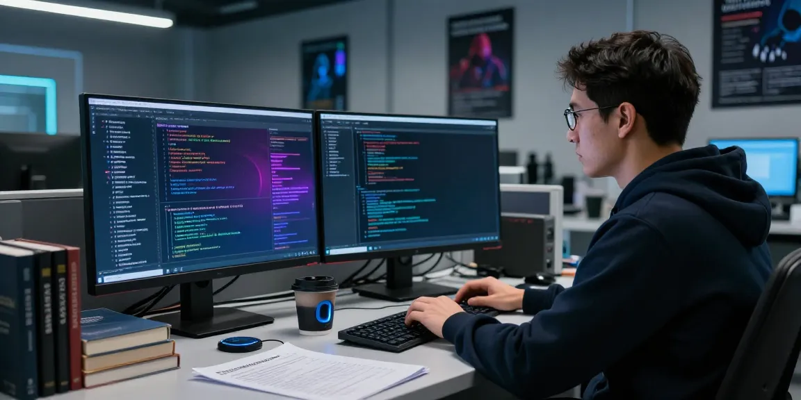Latest cybersecurity news displayed on dual monitors in a professional lab where an analyst is working diligently to prevent cyber threats.