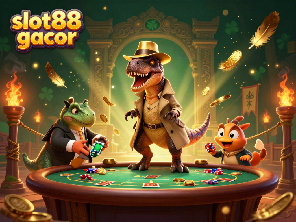 Slot88 gacor: Ilustrasi kasino 3D dengan velociraptor bermain kartu di meja blackjack terdesak oleh pit boss stegosaurus.