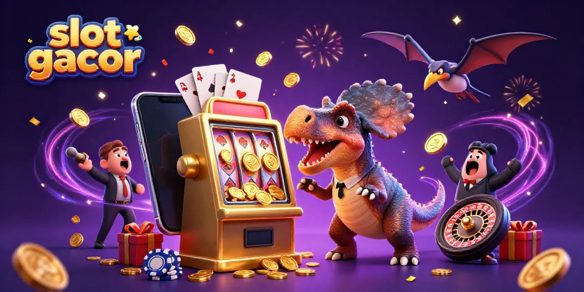 Experience slot gacor action with a pachycephalosaurus hitting a jackpot while chaos unfolds in a casino.