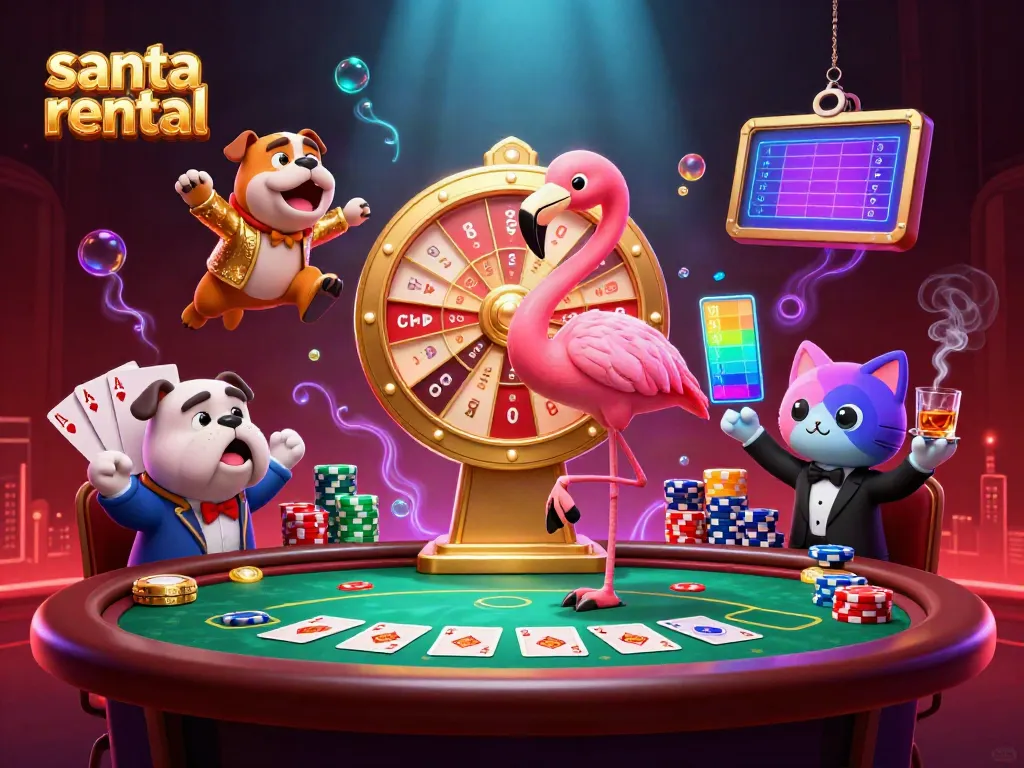 Spin the giant prize wheel with a festive Santa rental theme in a vibrant casino scene.