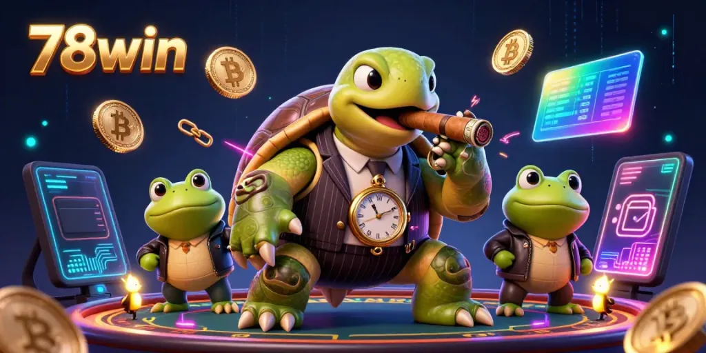 Experience the vibrant energy of 78win with a dynamic casino illustration featuring a snapping turtle and bullfrogs.