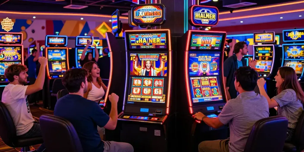 Engaged players celebrating wins at modern slot machines in a vibrant casino, showcasing excitement in gaming.
