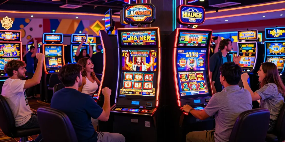 Engaged players celebrating wins at modern slot machines in a vibrant casino, showcasing excitement in gaming.