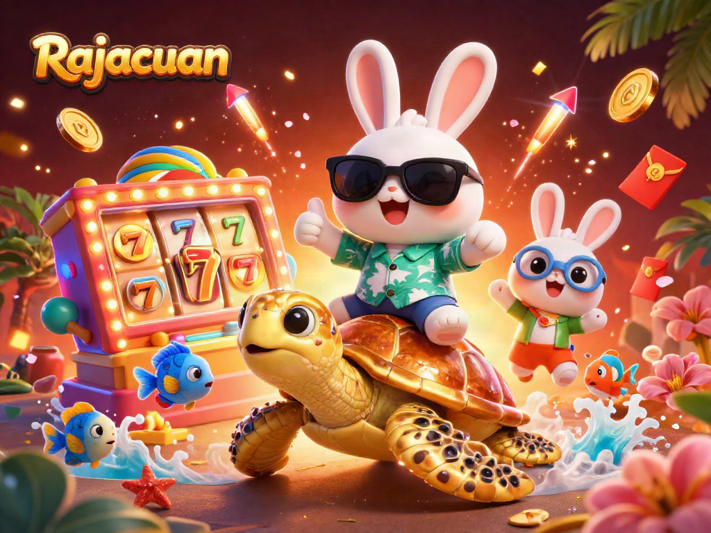 Experience big wins at Rajacuan with this colorful slot-themed digital illustration featuring lucky elements.