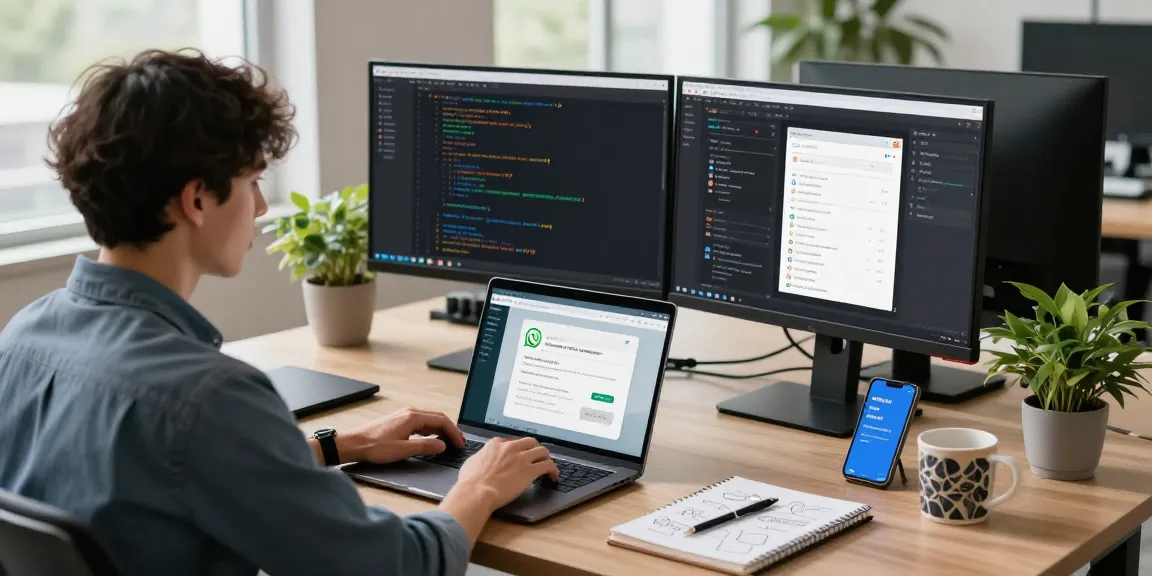 Professional workspace showcasing WhatsApp網頁版 usage on multiple screens with modern office decor.