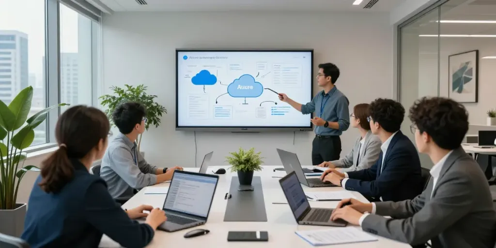 Team of Azure managed services professionals collaborating on cloud strategy in a modern office.