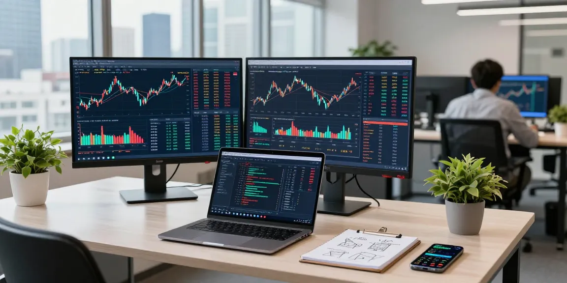 Real-time analysis in a tech workspace featuring index constituent stocks API data, showcasing financial indices on multiple screens.