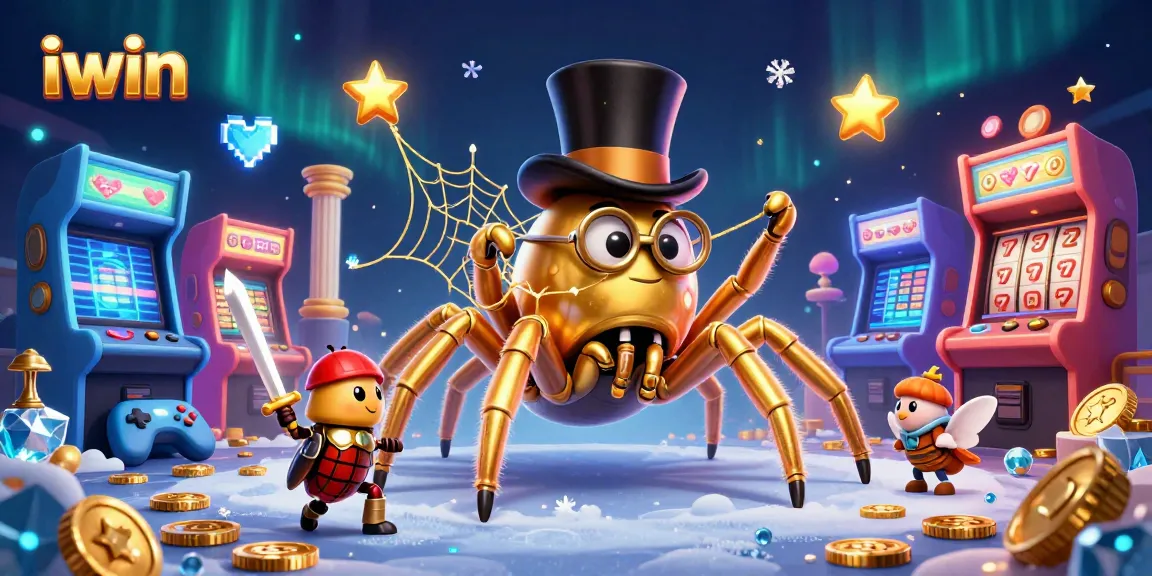 iwin showcases a vibrant casino scene with a golden tarantula and beetle knight amid slot elements.