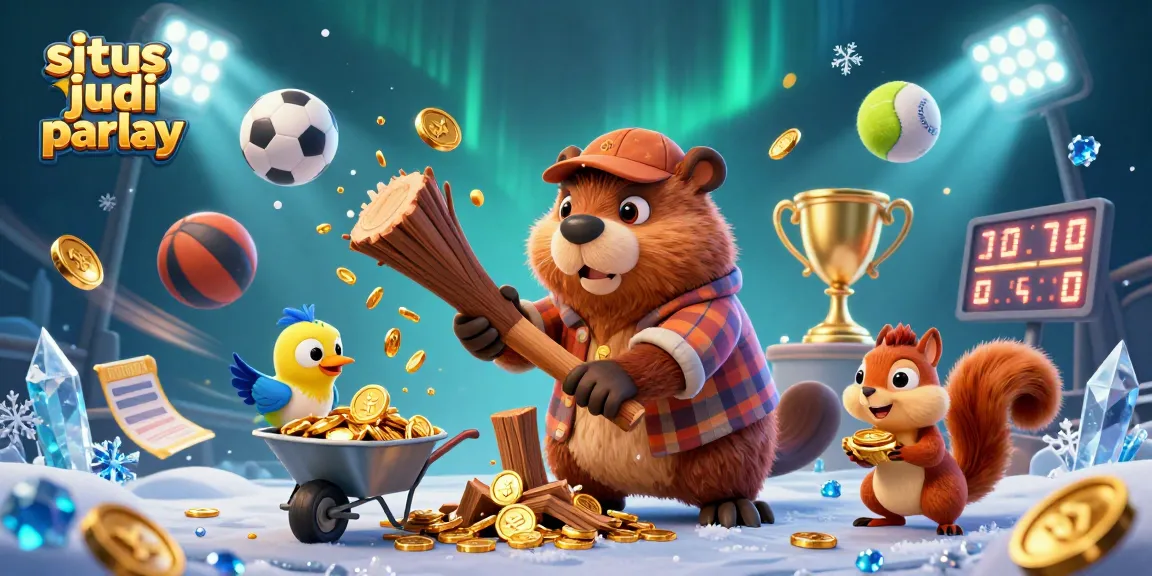 Experience the excitement of situs judi parlay with our vibrant 3D illustration of a beaver and friends amidst gold coins and sports elements.