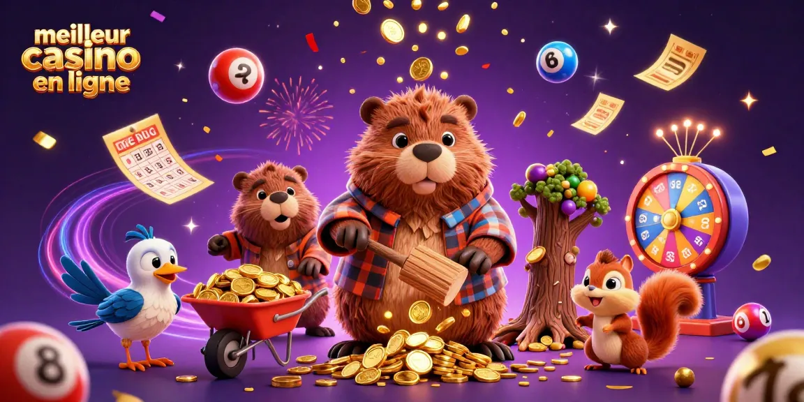 Visualisez le meilleur casino en ligne avec un castor et un écureuil dans une scène festive, collectant des pièces d'or.