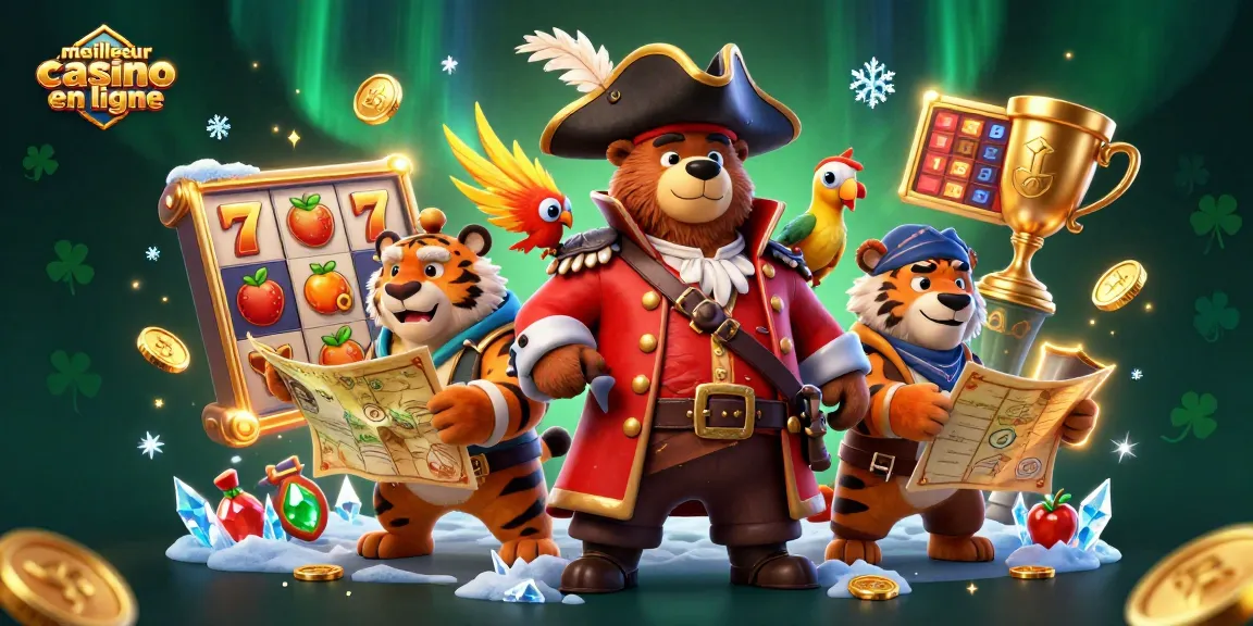 Illustration dynamique de "meilleur casino en ligne", où un ours pirate et un tigre explorent le monde des machines à sous.