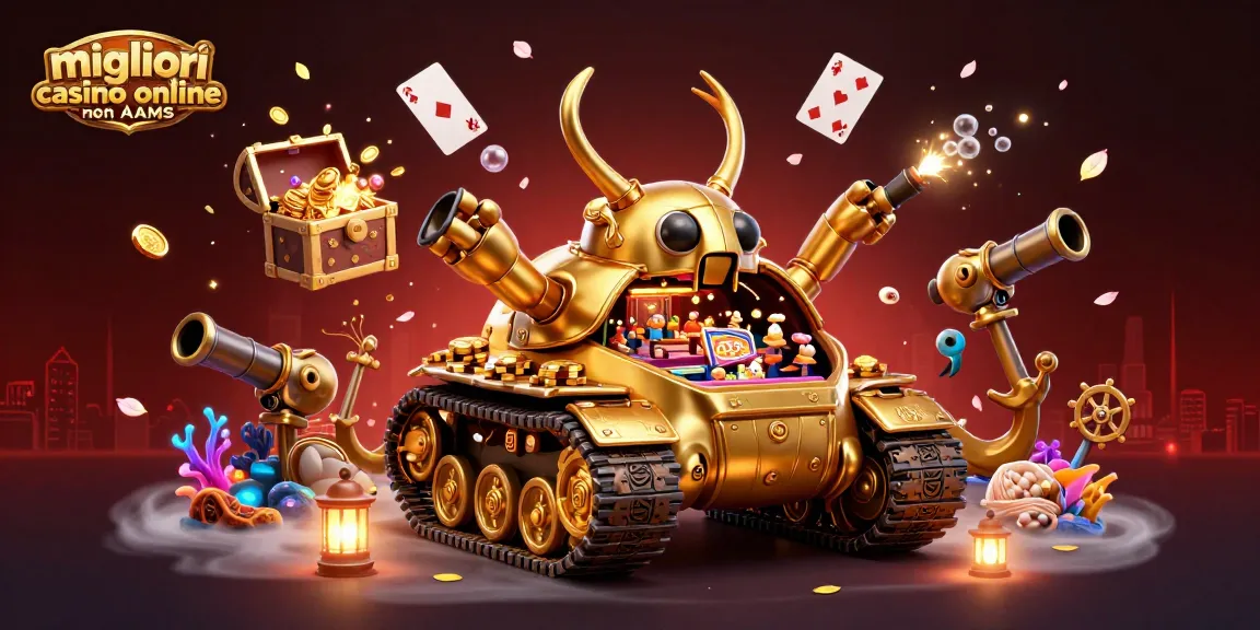 Gioca nei migliori casino online non AAMS con un'eccitante scena di casinò in miniatura all'interno di un carro armato dorato.