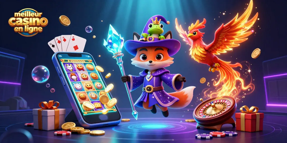 Jouez au meilleur casino en ligne avec une illustration captivante d'un renard sorcier, un phénix et un froglet, entourés d'éléments de jeux.