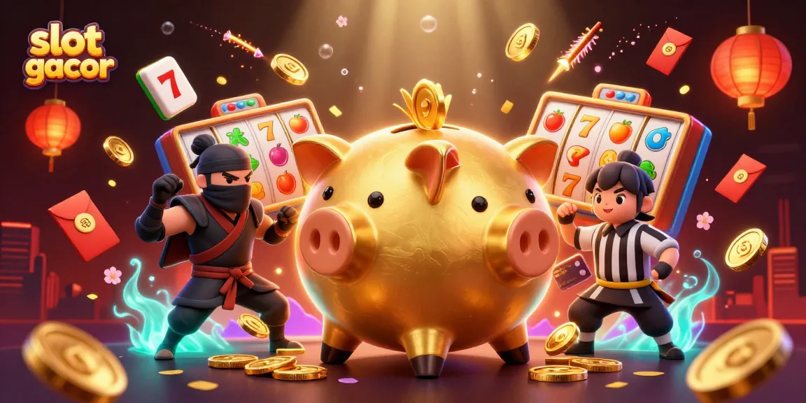 Slot gacor dengan piggy bank emas yang mengeluarkan koin, penuh energi permainan yang menarik.