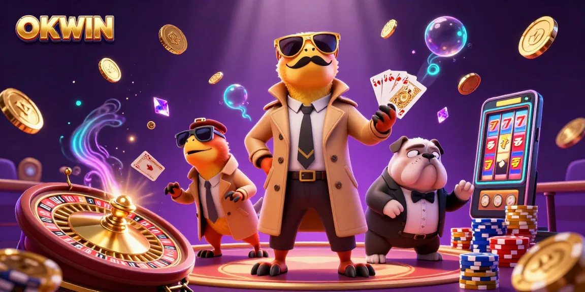 Engage with the exciting world of OKWIN at a VIP casino lounge, featuring vibrant cartoon raptors.