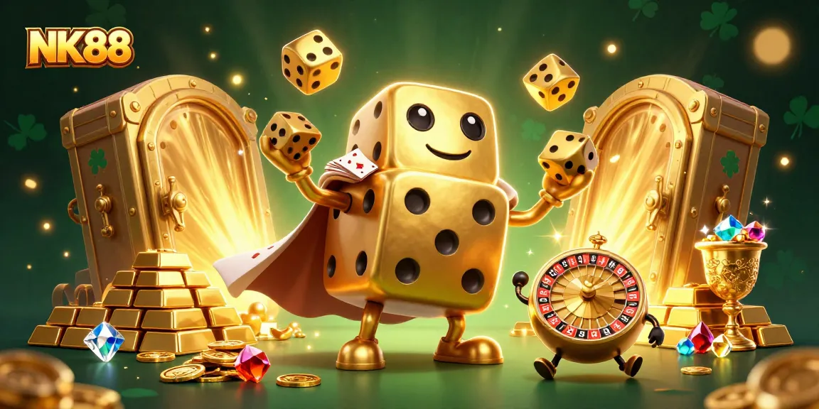 Engage with NK88 through a vibrant 3D illustration showcasing golden dice, casino elements, and dazzling treasures.