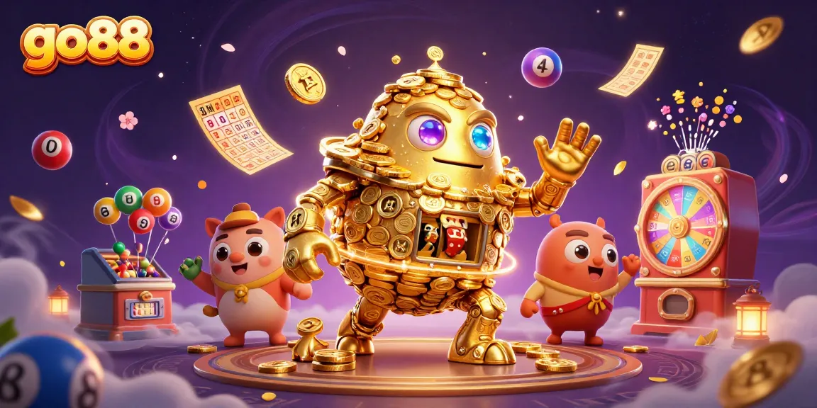 Engage with go88's colorful lottery and casino-themed 3D illustration featuring vibrant games and dynamic elements.