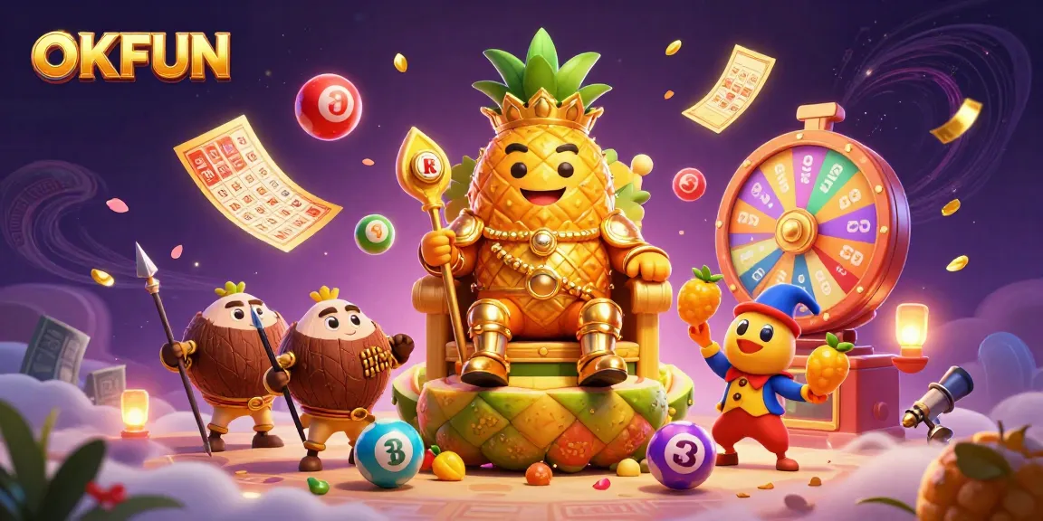 Engage in OKFUN's lively casino experience, featuring a golden pineapple king and vibrant gambling elements.