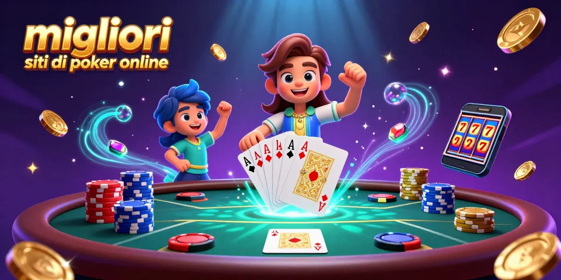 Migliori siti di poker online con tavoli da gioco, fiches colorate e carte vincenti in un'atmosfera di casinò vibrante.