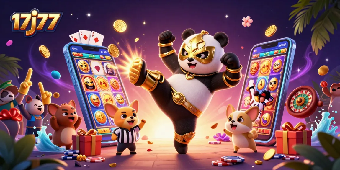 17j77 showcases a vibrant scene with a wrestler panda kicking, capturing the excitement of casino gaming.