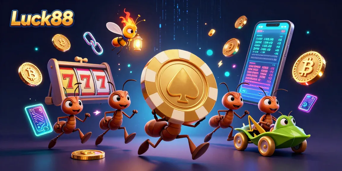 Luck88 slot game features a heist scene depicting ants and crypto coins, emphasizing gaming excitement.