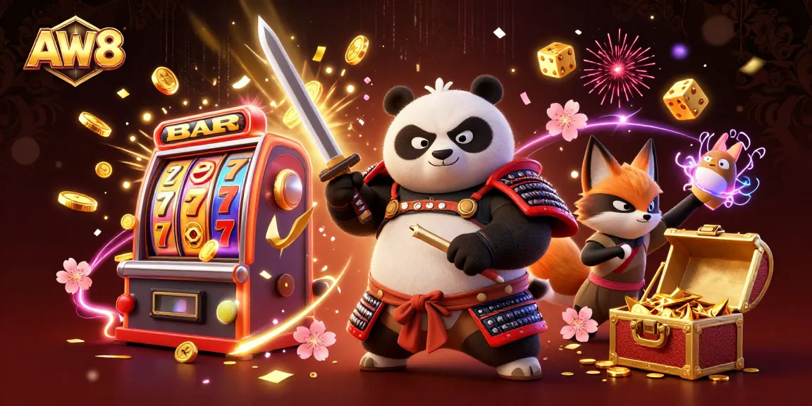 AW8 slot machine scene featuring a samurai panda and ninja fox celebrating a big win.