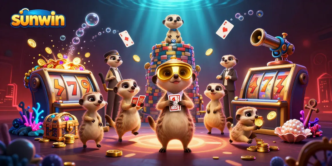 Experience the thrill of sunwin as meerkats manage an elaborate casino scene with slot reels and treasure chests.