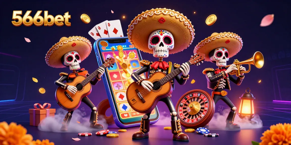 Engage with thrilling games at 566bet, featuring a vibrant mariachi band and dynamic casino elements.
