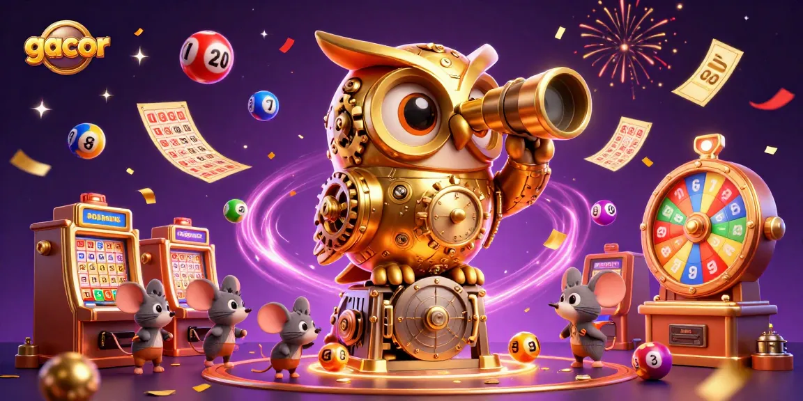 Engaging scene of gacor slots featuring a rotating golden owl and bustling mouse patrons amidst festive casino elements.