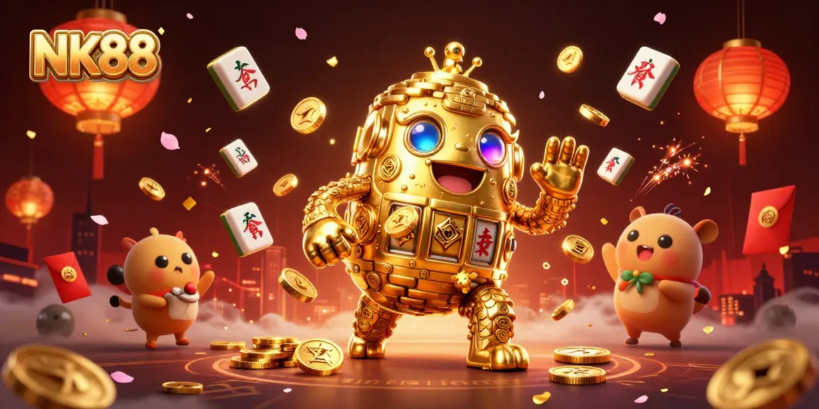 Win big with NK88 at this lively casino scene featuring dynamic characters and festive elements.