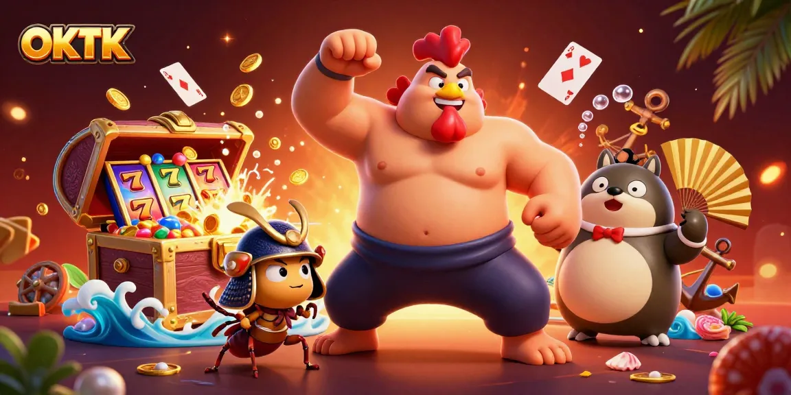 Experience the excitement of OKTK gaming with colorful characters amid spinning slot reels and treasures.