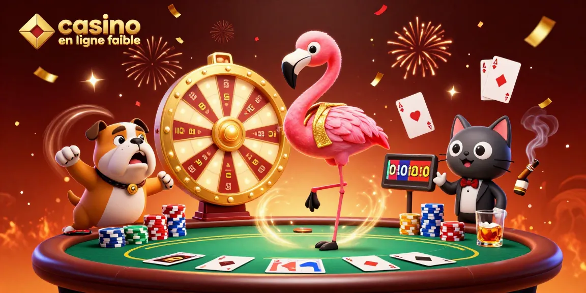 Casino en ligne fiable : Illustration dynamique d'un hôte de jeu et d'un bulldog célébrant au casino.