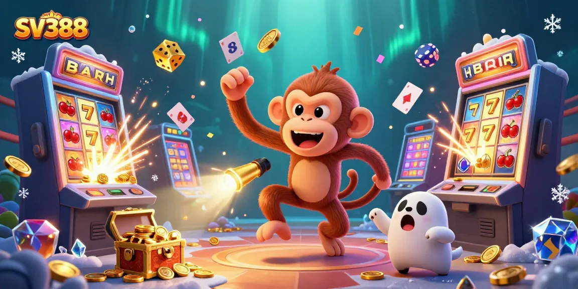 SV388 offers a vibrant cockfighting scene with a mischievous monkey juggling golden objects.