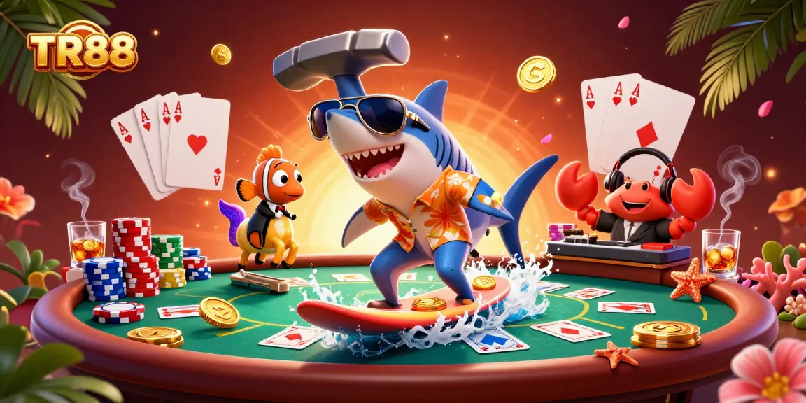 TR88 brings excitement as the shark surfs gold coins alongside lively characters in a casino scene.