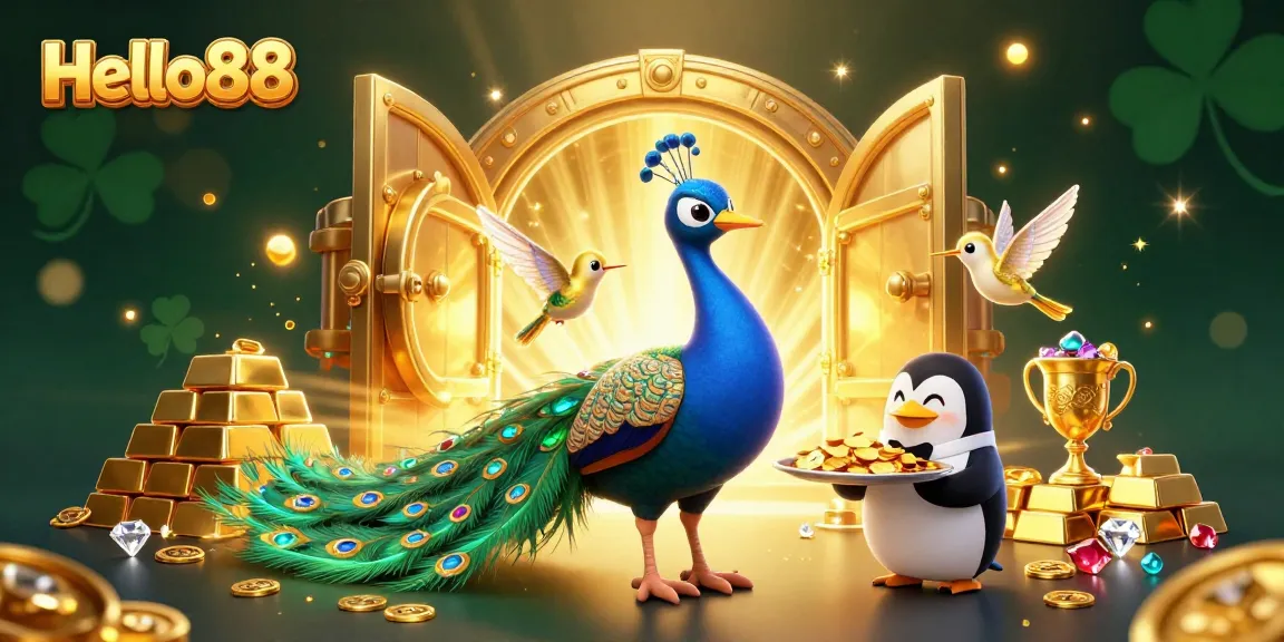 Hello88 offers thrilling online gambling experiences in a vibrant 3D casino scene filled with gems and gold.