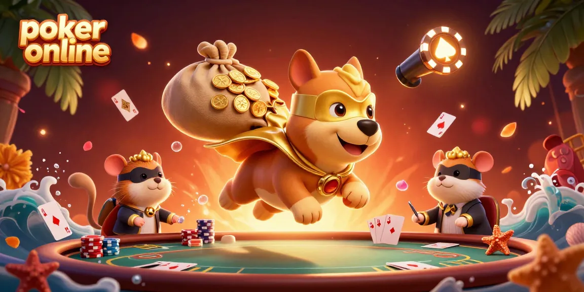 Jouez au poker en ligne avec ce chien super-héros et un hamster, entourés de jetons et de cartes.