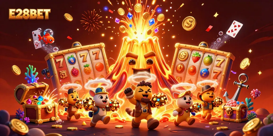 E28BET unleashes excitement with a vibrant casino-themed illustration featuring treasures and gaming elements.
