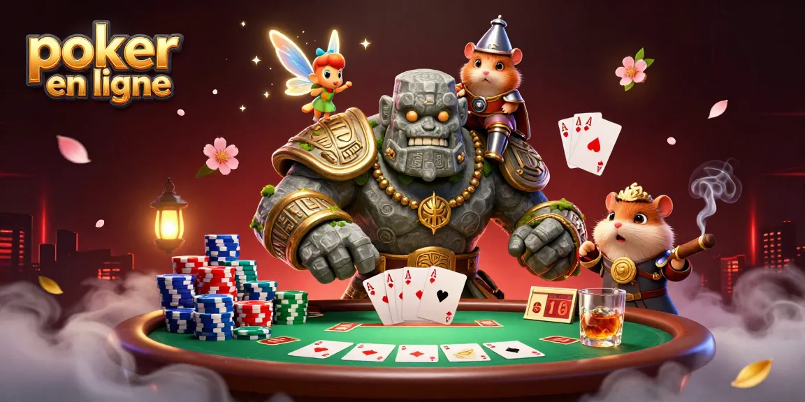 Jouer au poker en ligne avec des héros fantastiques et une ambiance immersive, entouré de jetons.