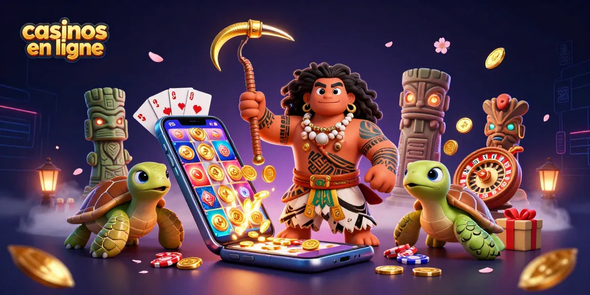 Image animée des casinos en ligne avec un dieu hawk polynésien et un personnage de tortue mignonne.