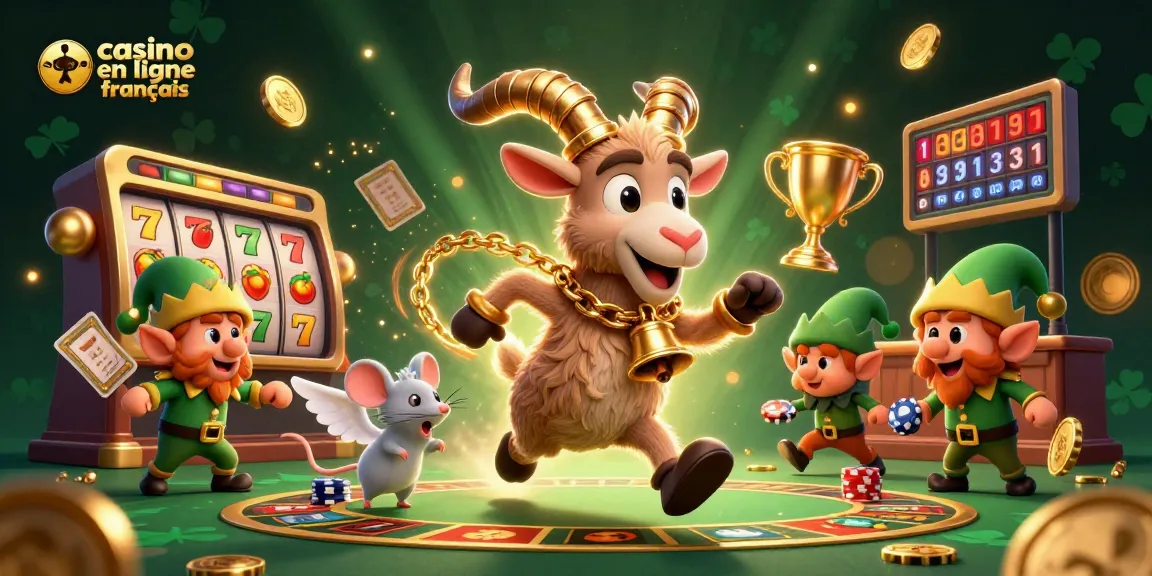 Illustration de casino en ligne français avec Krampus et des gremlins jouant aux machines à sous.