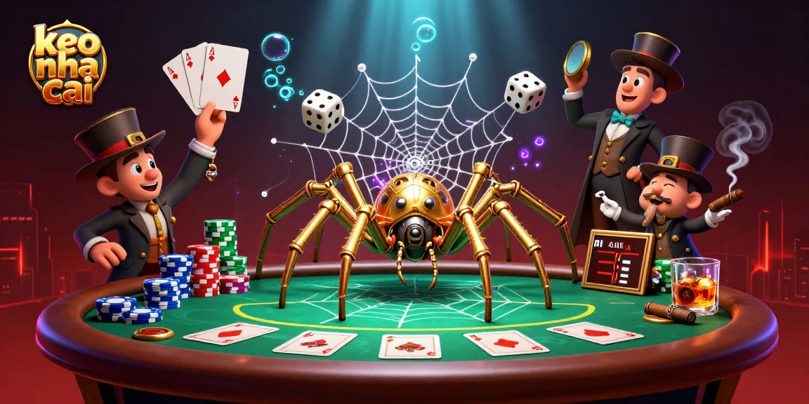 Visualize keo nha cai with a steampunk spider in a dynamic gambling scene featuring poker elements.