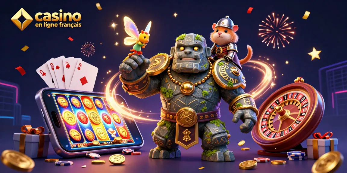 Jouer au casino en ligne français avec un golem gardien magique et un hamster chevalier dans une scène colorée.