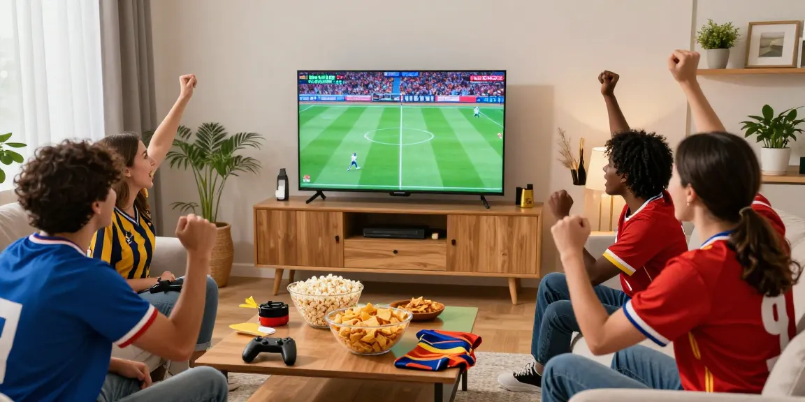 Cheering friends enjoying live sports in a cozy living room during a game.